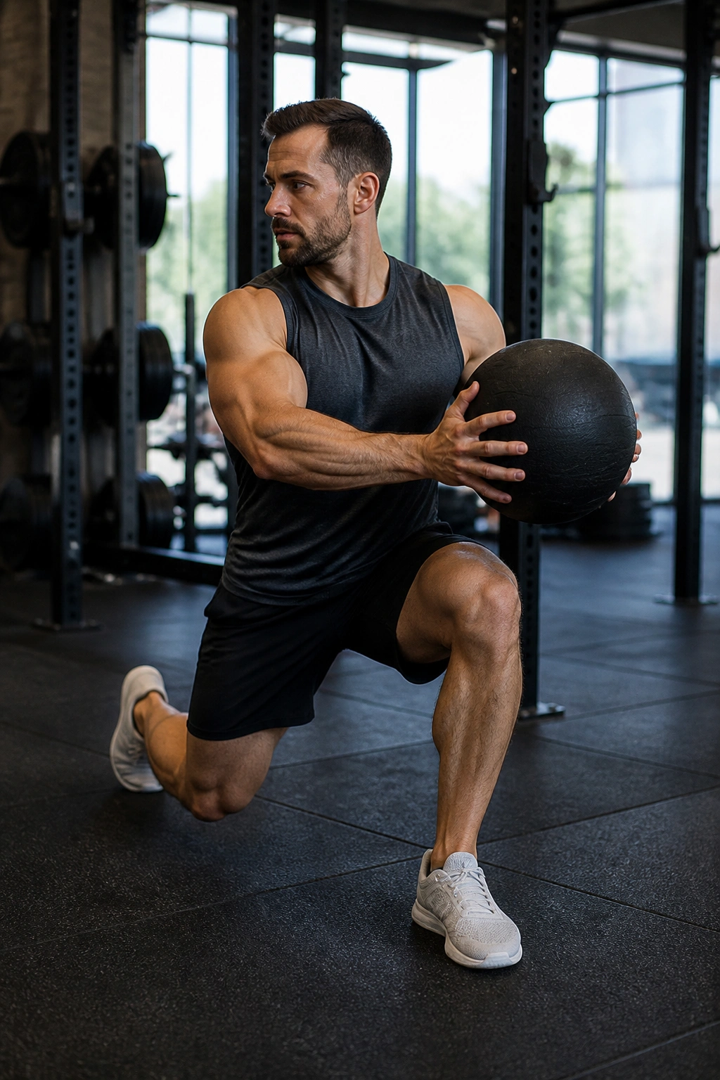 Athlete performing rotational reverse lunge in gym
