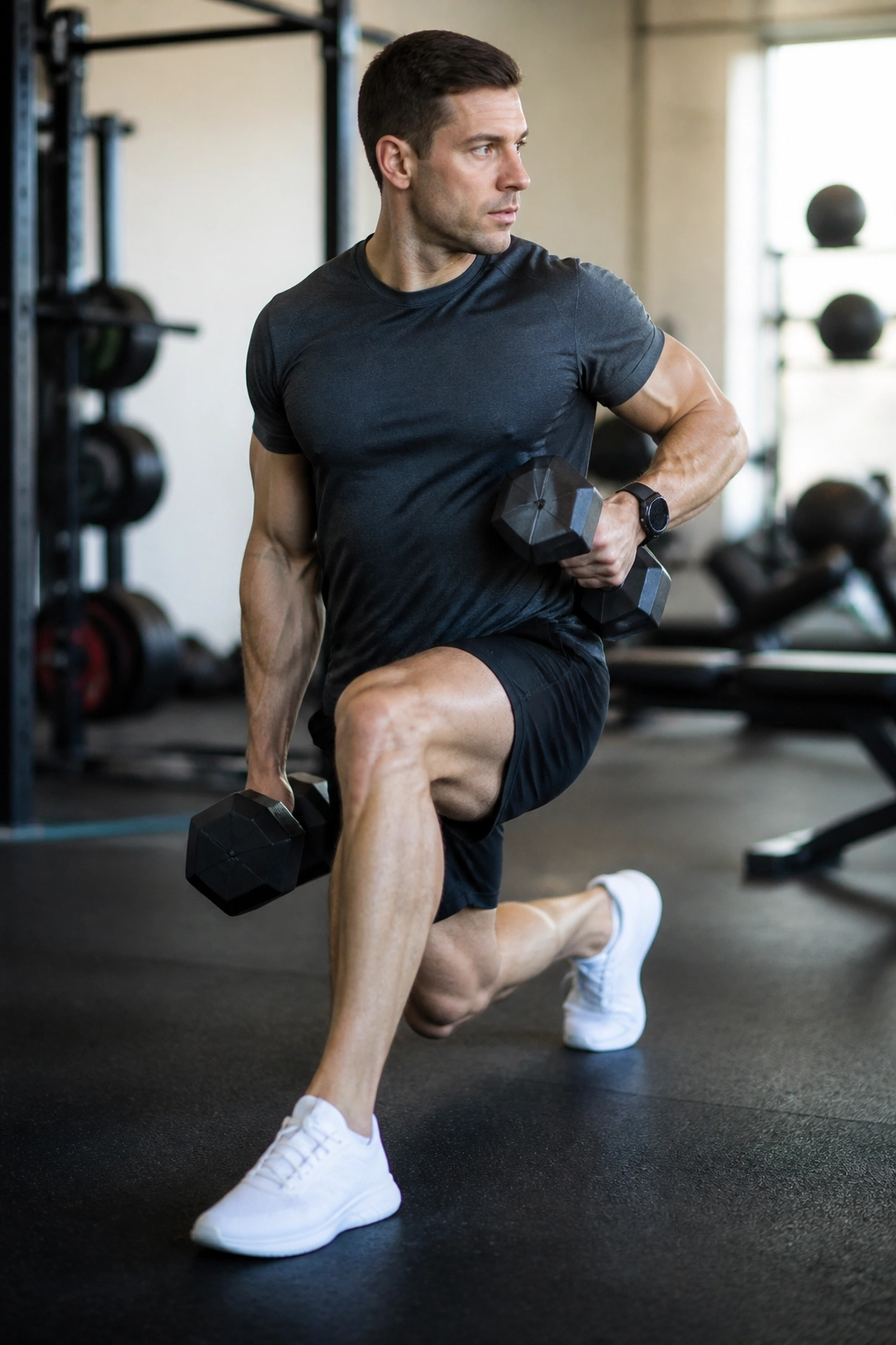 Mid-action shot of a person performing reverse lunge with dumbbell in hand in gym