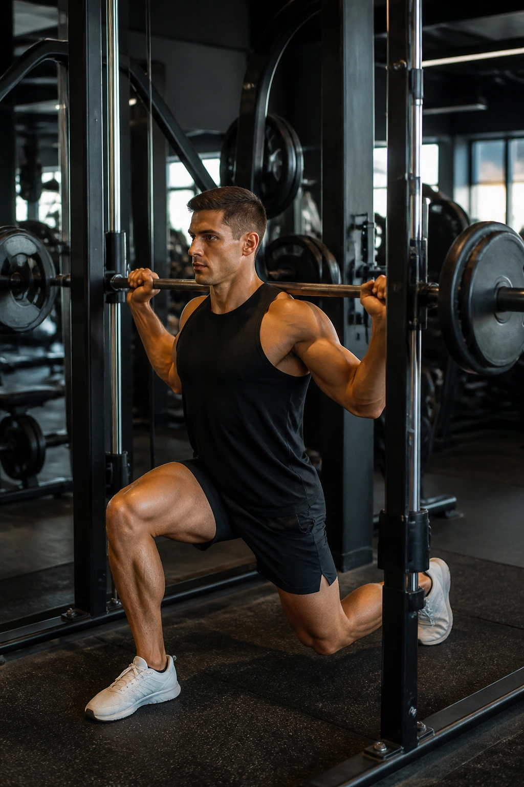 Athlete performing Smith Machine Reverse Lunge with controlled depth