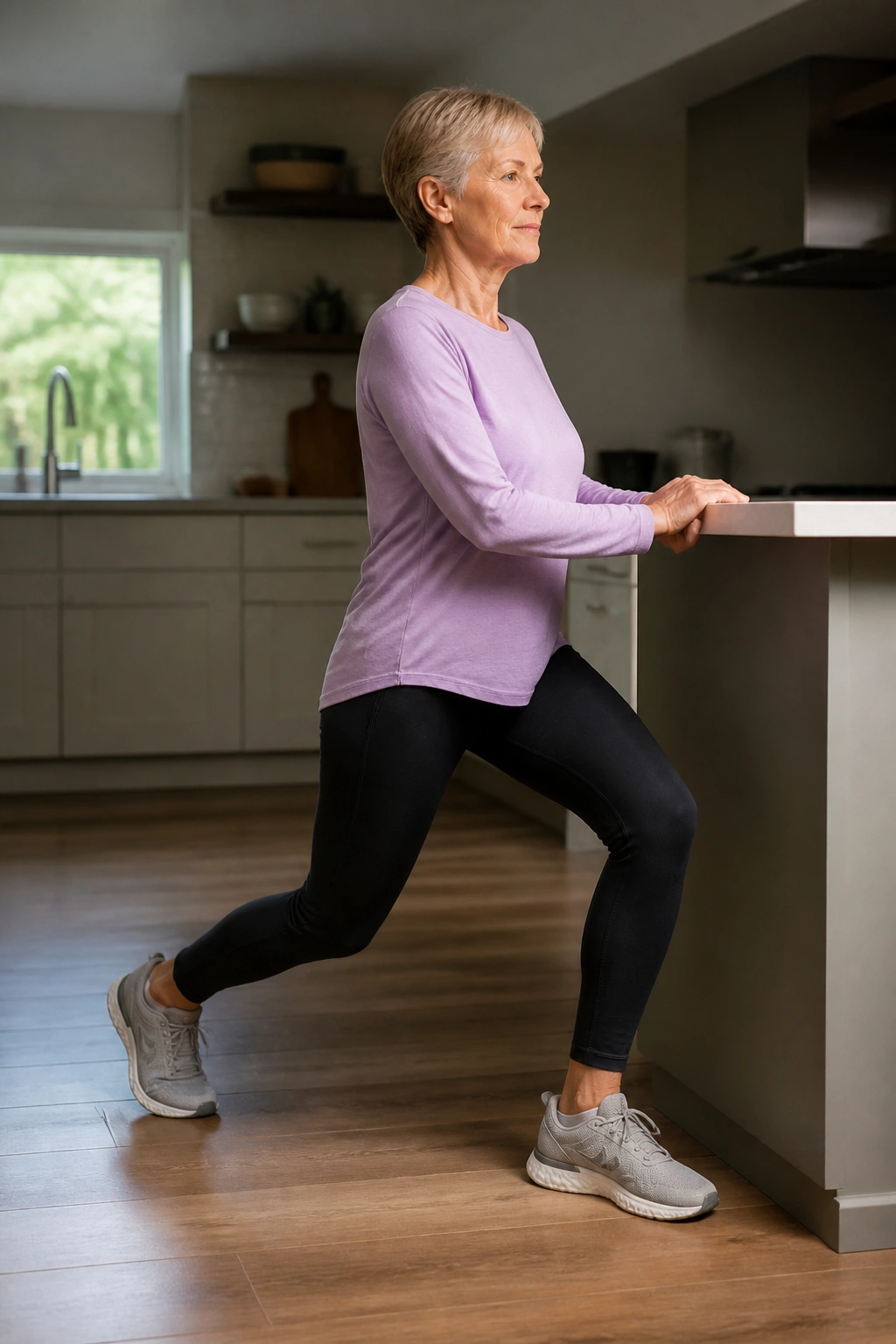 Person performing supported reverse lunge near a wall with knee alignment