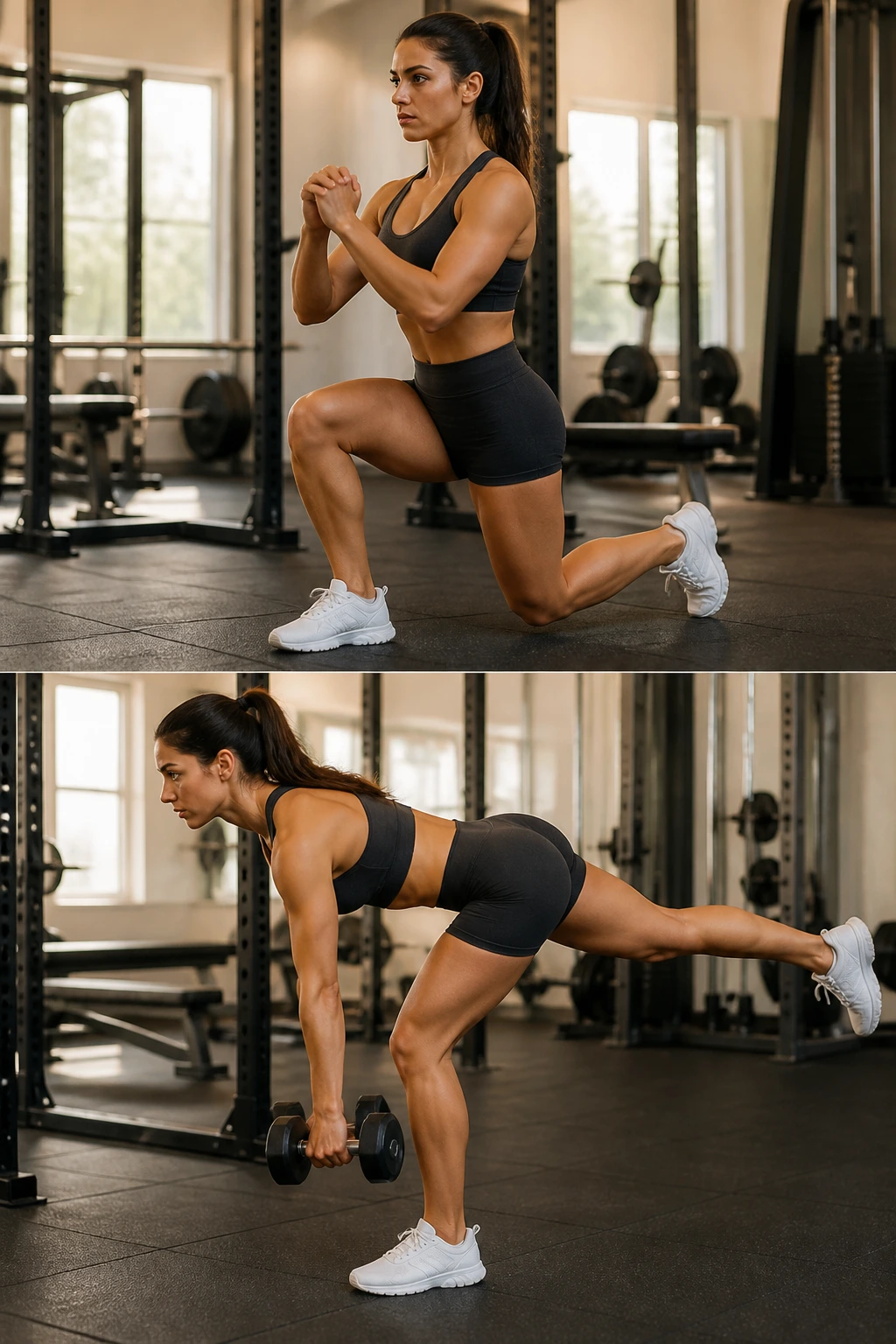 Mid-shot of reverse lunges showing knee alignment and glute activation