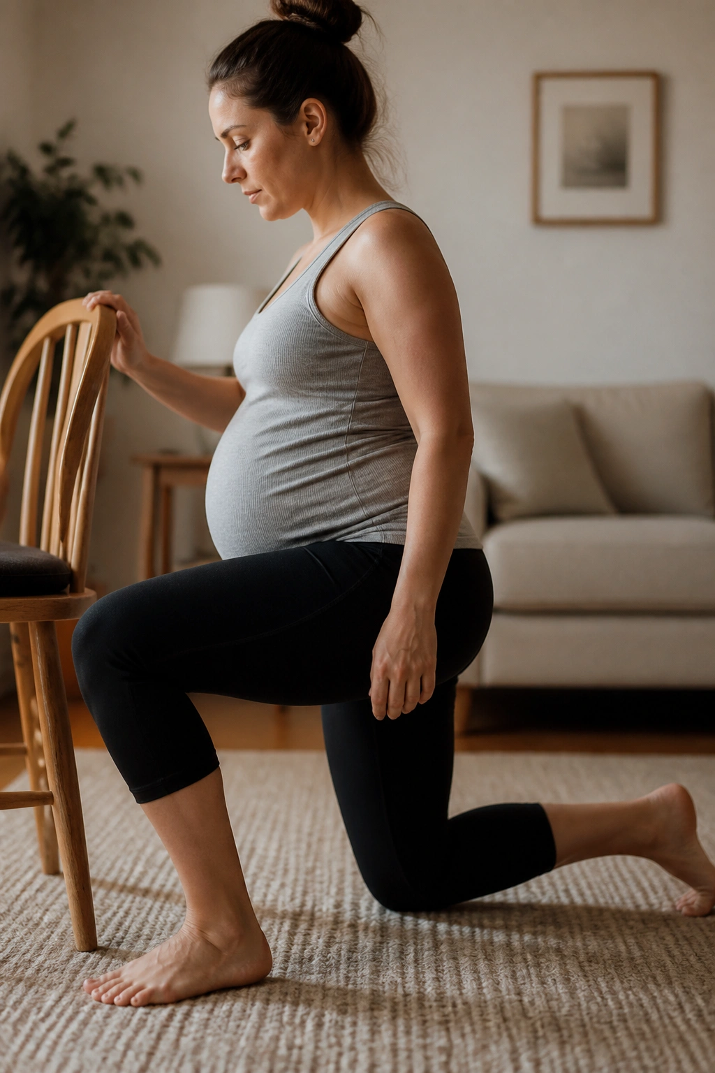 Pregnant woman performing supported reverse lunge with chair support