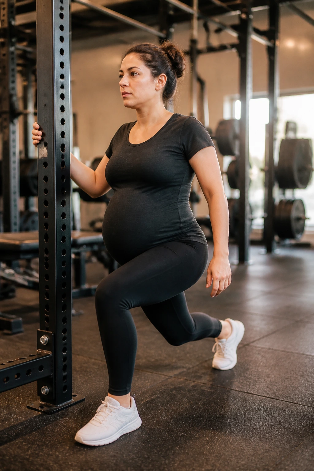 Pregnant woman doing supported reverse lunges with rack support