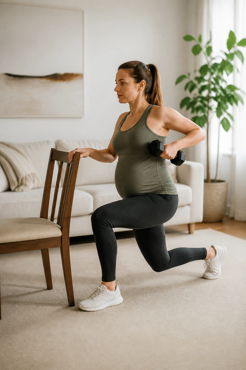 Person performing reverse lunges with a single-arm row at home