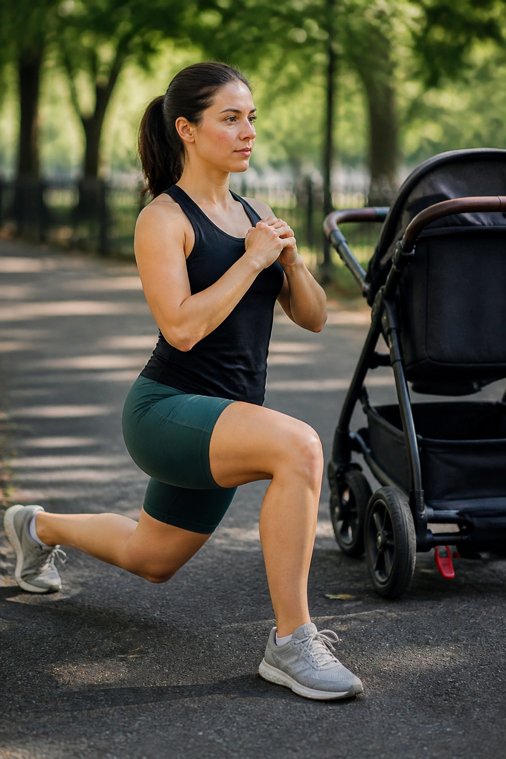Person performing reverse lunges beside parked stroller with brake locked