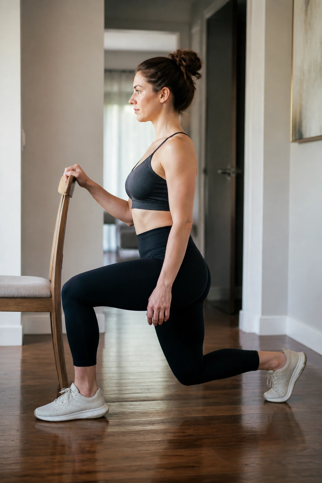 Side view of a woman doing reverse lunges with support in a home setting
