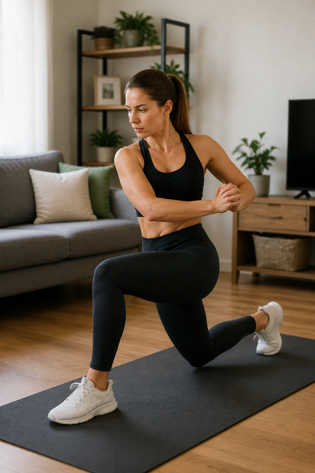 Real person performing reverse lunges with twist on a mat