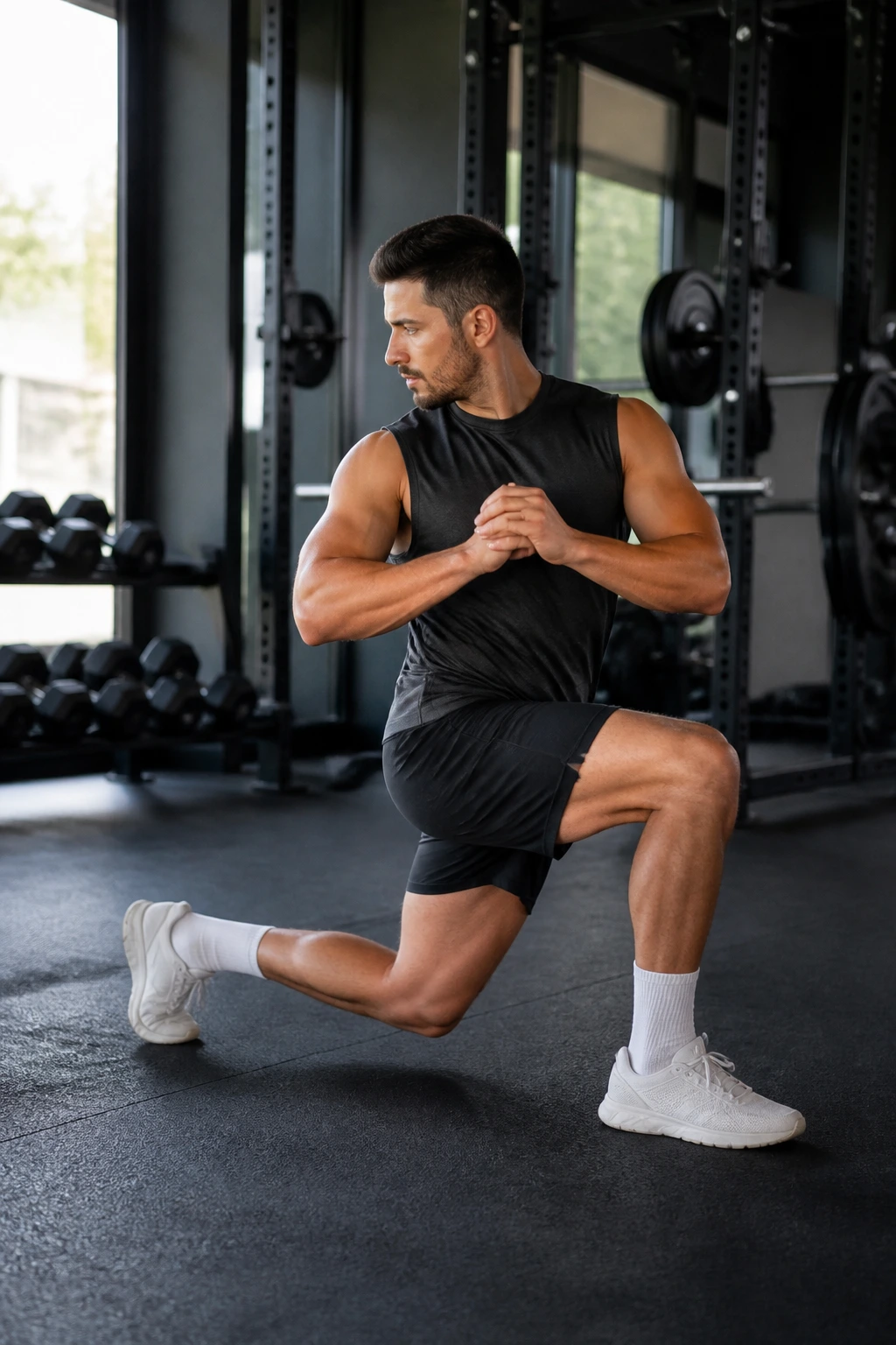 Person performing reverse lunges with a twist in a gym
