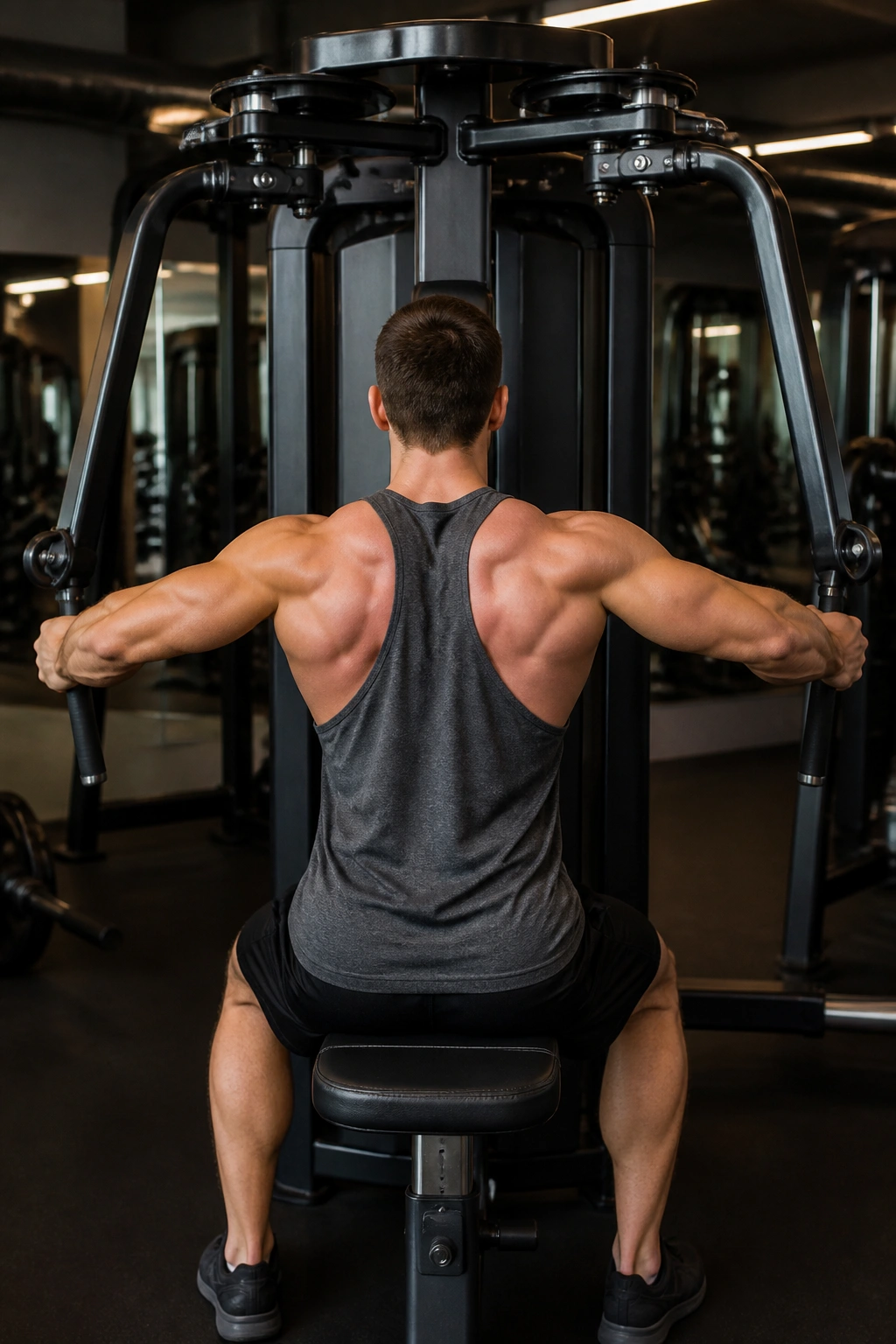 Real person using a reverse pec deck to target rear deltoids