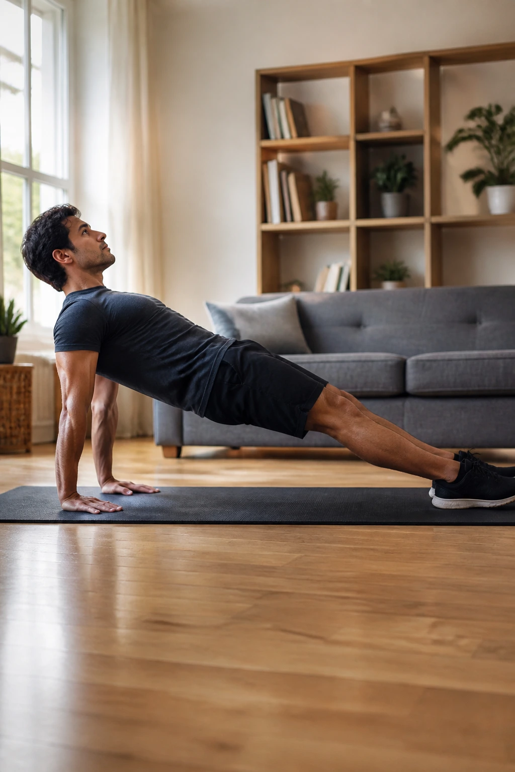Side view of a person performing reverse plank on a mat.