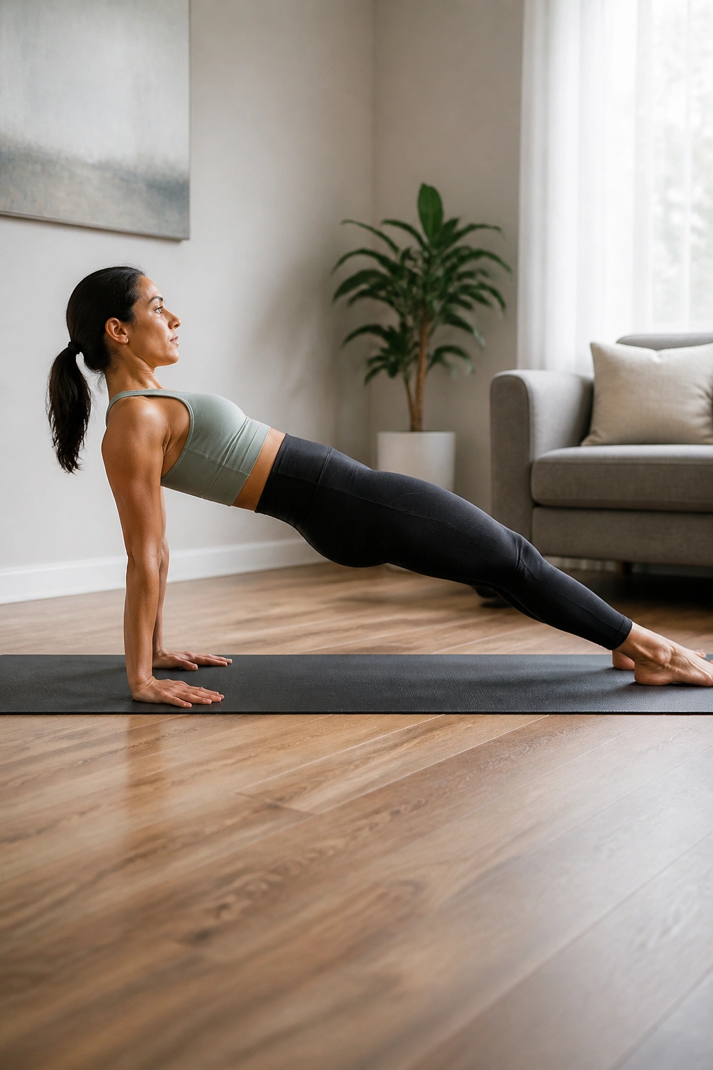 Side view of a person performing reverse plank on a mat in a bright living room