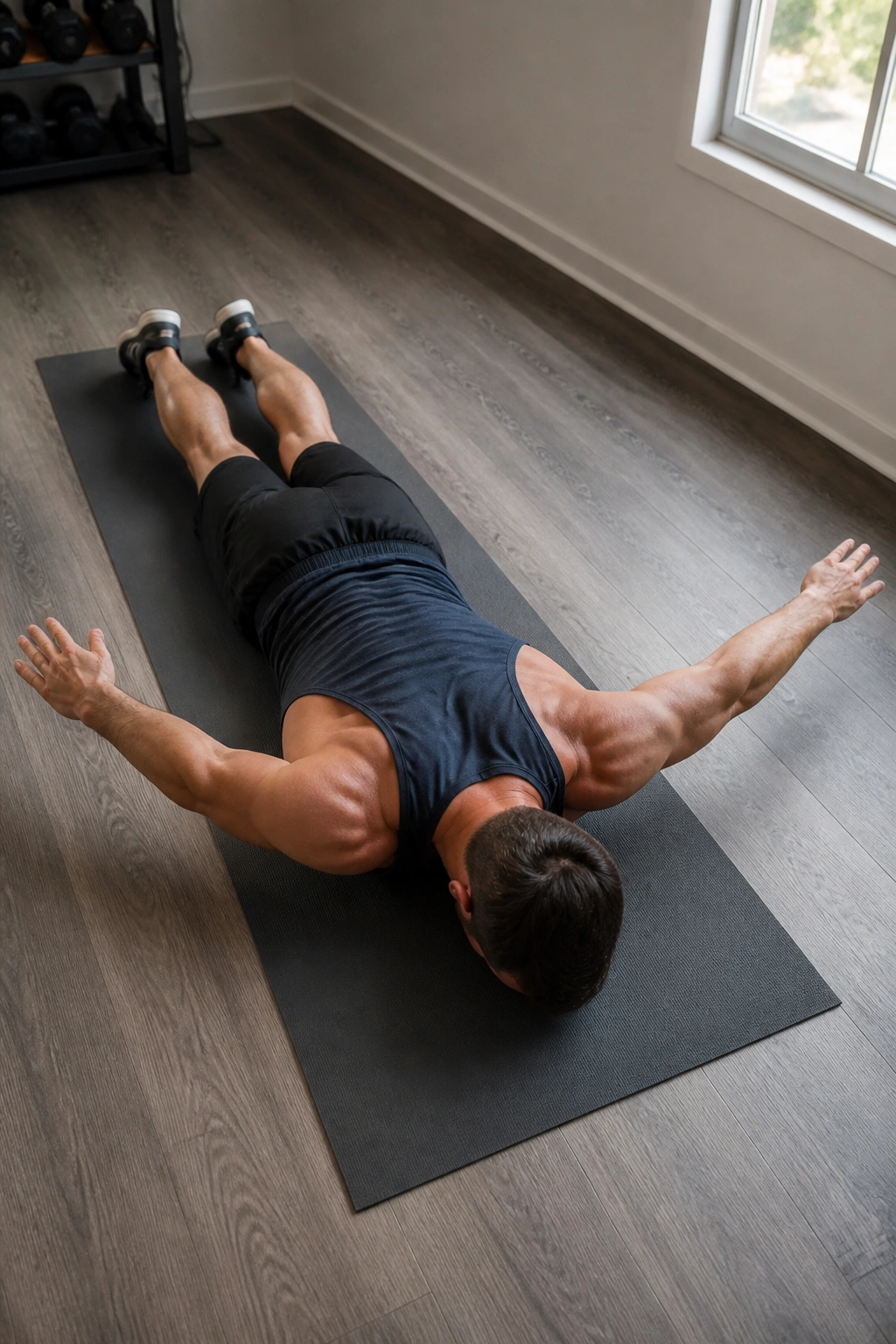 Person performing reverse snow angels on a mat with arms overhead.