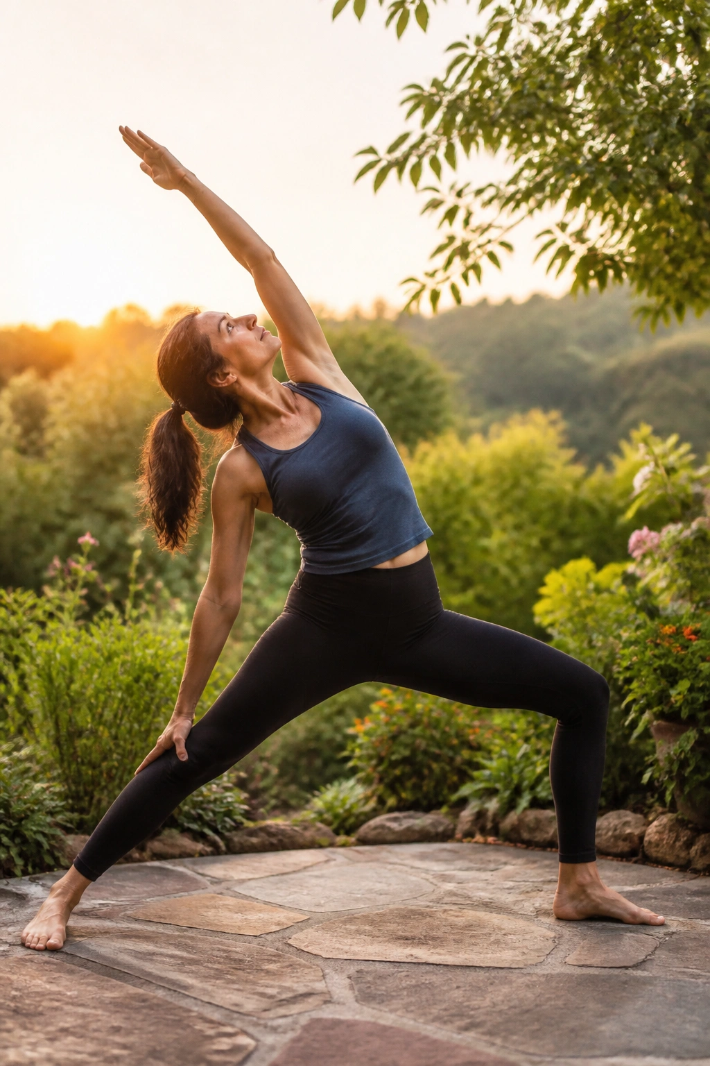 Real person in Reverse Warrior performing side stretch in a dawn garden