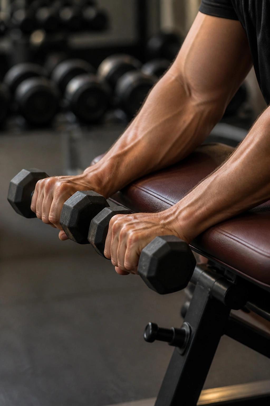 Forearms performing reverse wrist curls on a bench in gym lighting