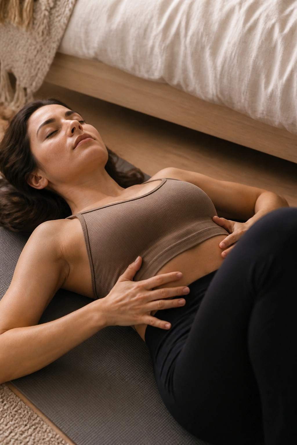 Close-up of ribcage breathing on a mat in a cozy bedroom