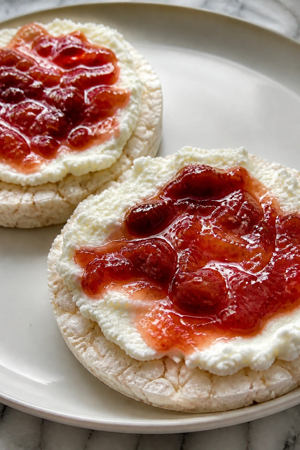 Close-up of two rice cakes with ricotta and jam on a plate