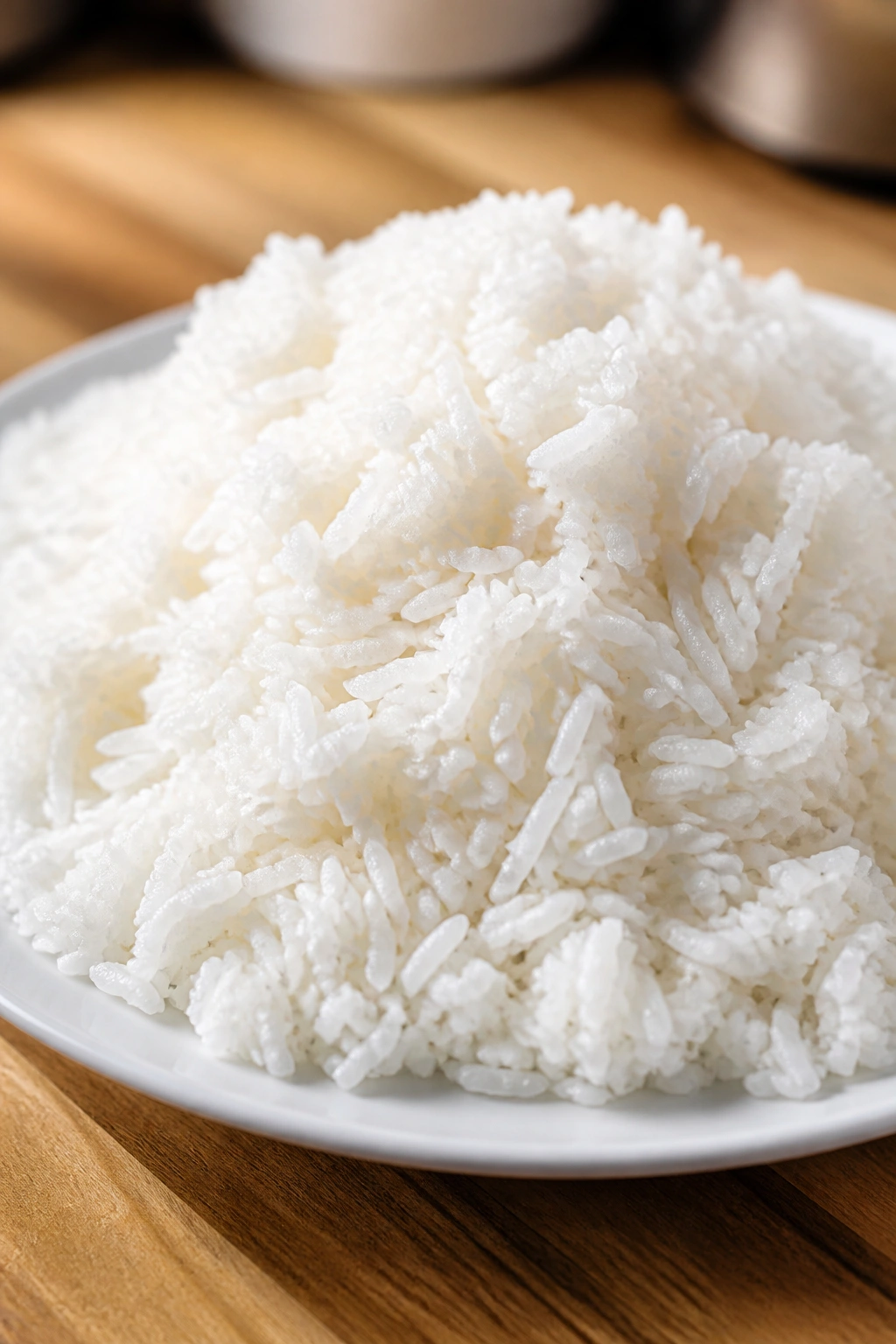 Close-up mound of white rice on a plate in a warm kitchen