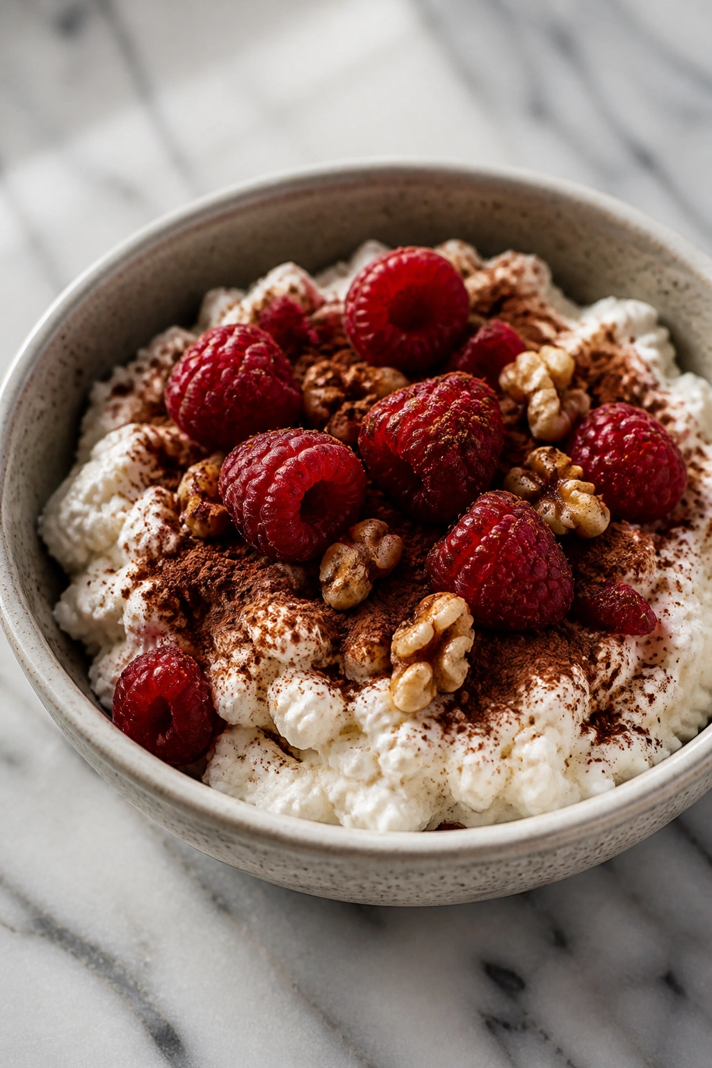 Close-up of ricotta bowl topped with cocoa, raspberries, and walnuts on marble.