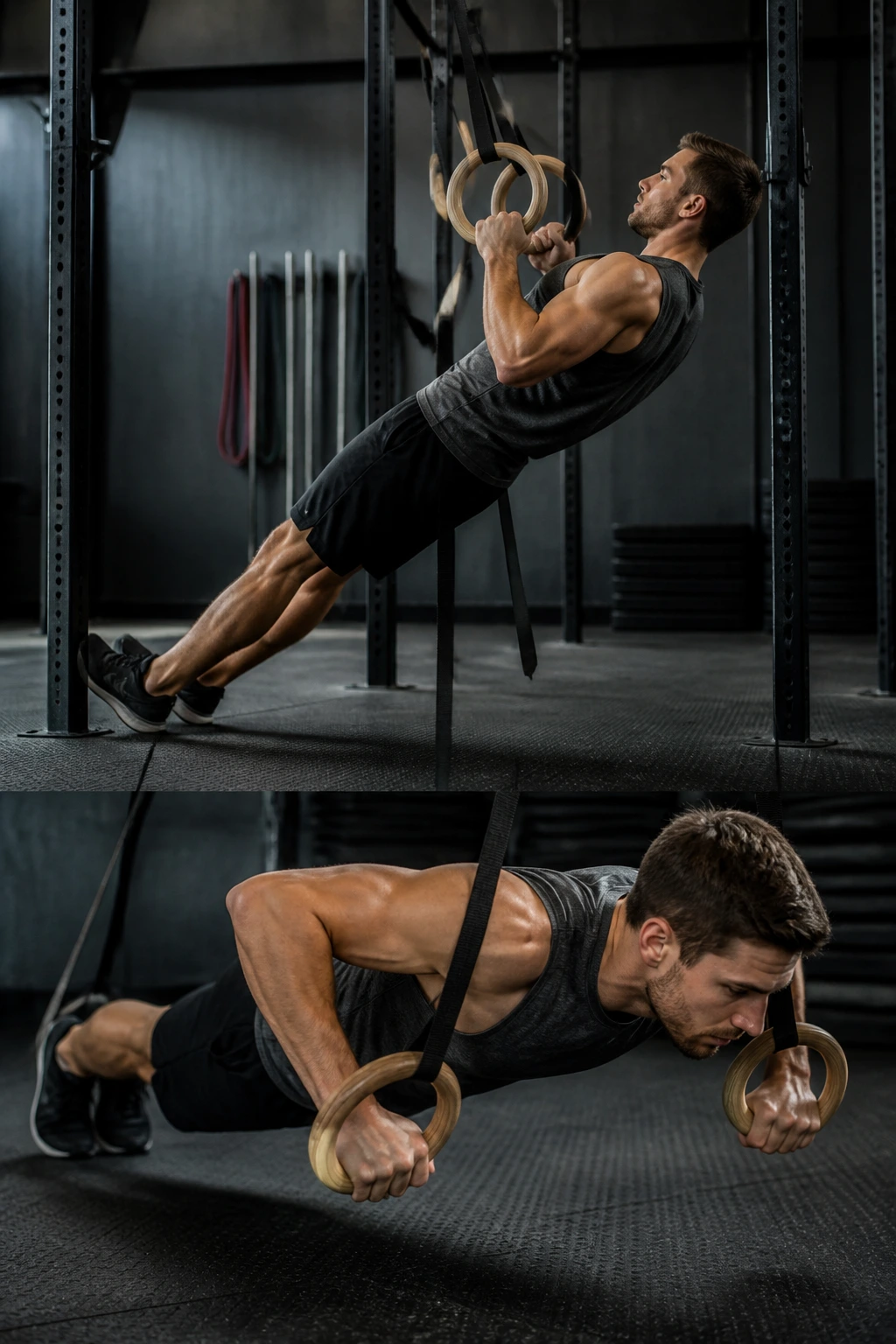 Person using suspension rings for rows and push-ups in gym