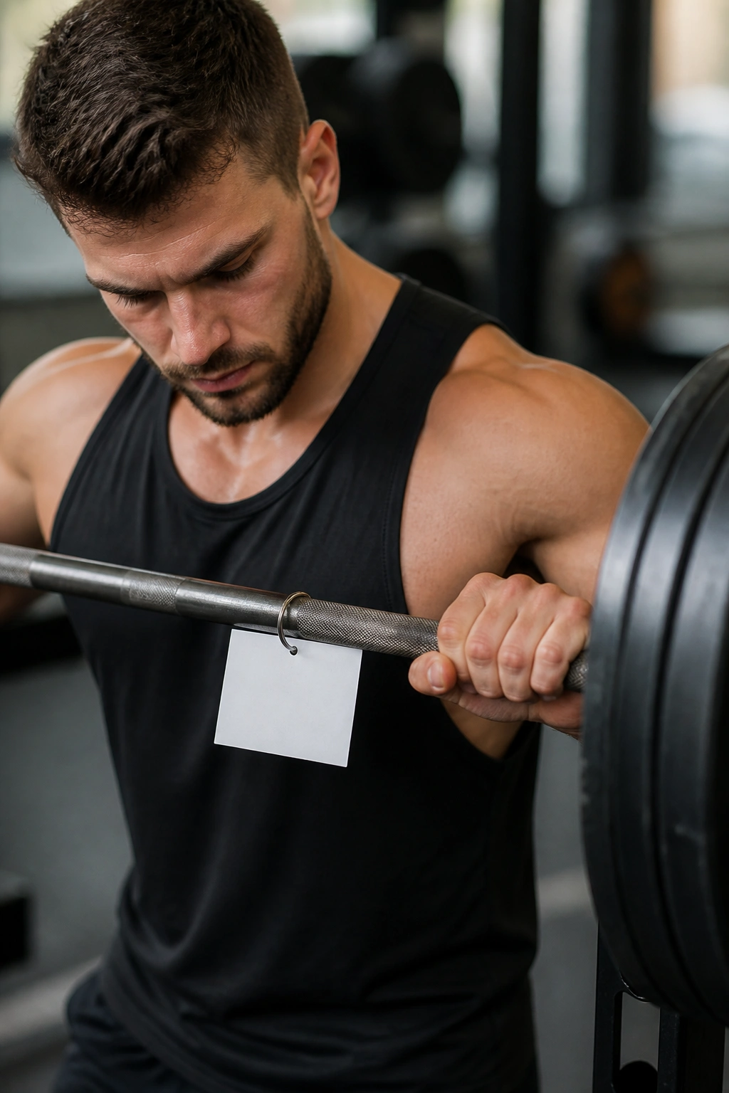 Lifter with blank note card clipped to barbell, illustrating reps-in-reserve notes