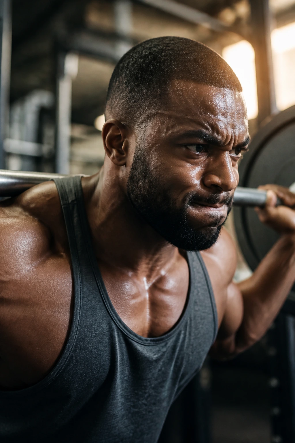 Close-up of lifter's face during a rep illustrating reps in reserve (RIR) concept in a gym