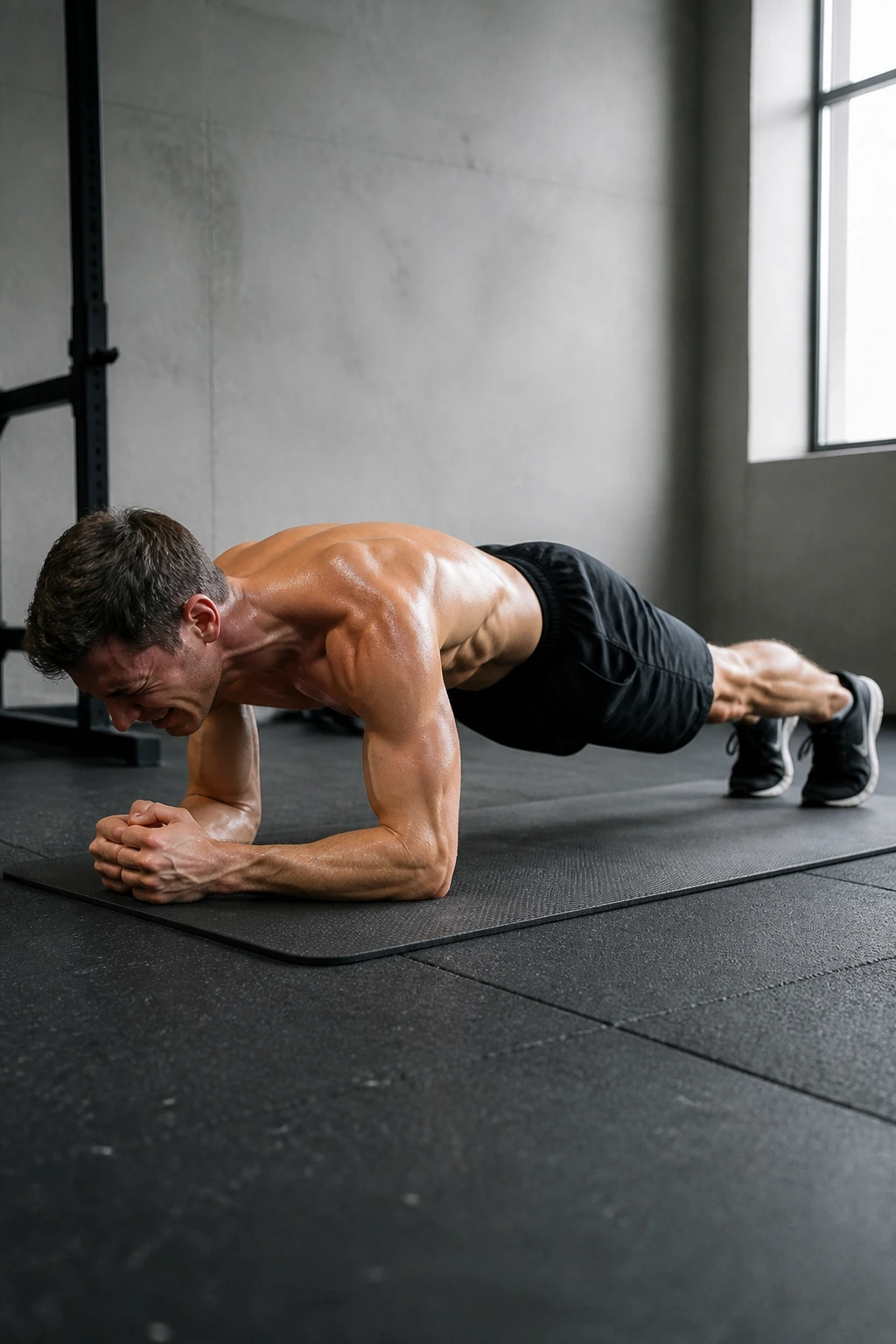 Full-body shot of a person performing RKC plank with elbows drawn toward toes.