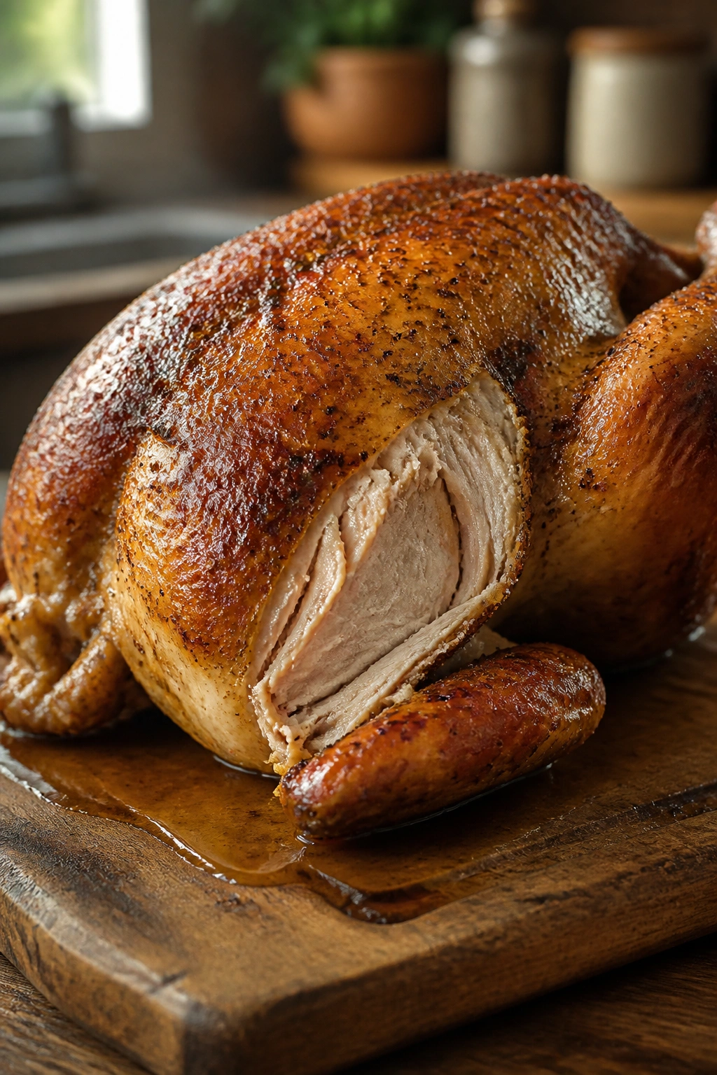 Close-up of crispy roasted chicken with pan gravy on wooden board