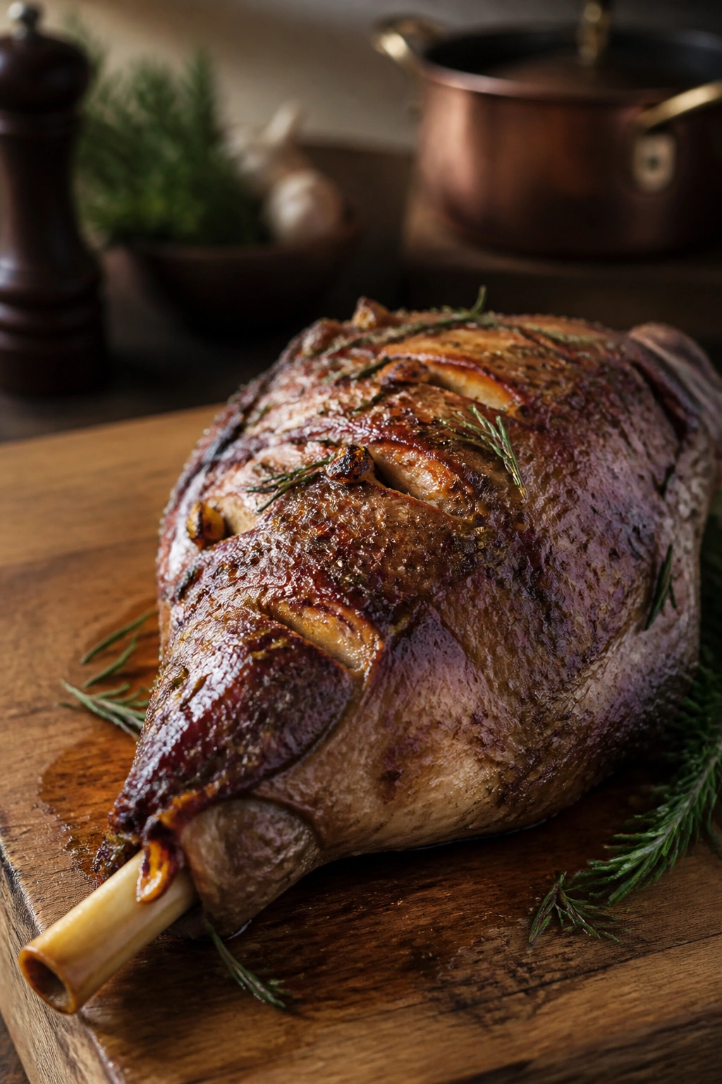Close-up roast leg of lamb on carving board