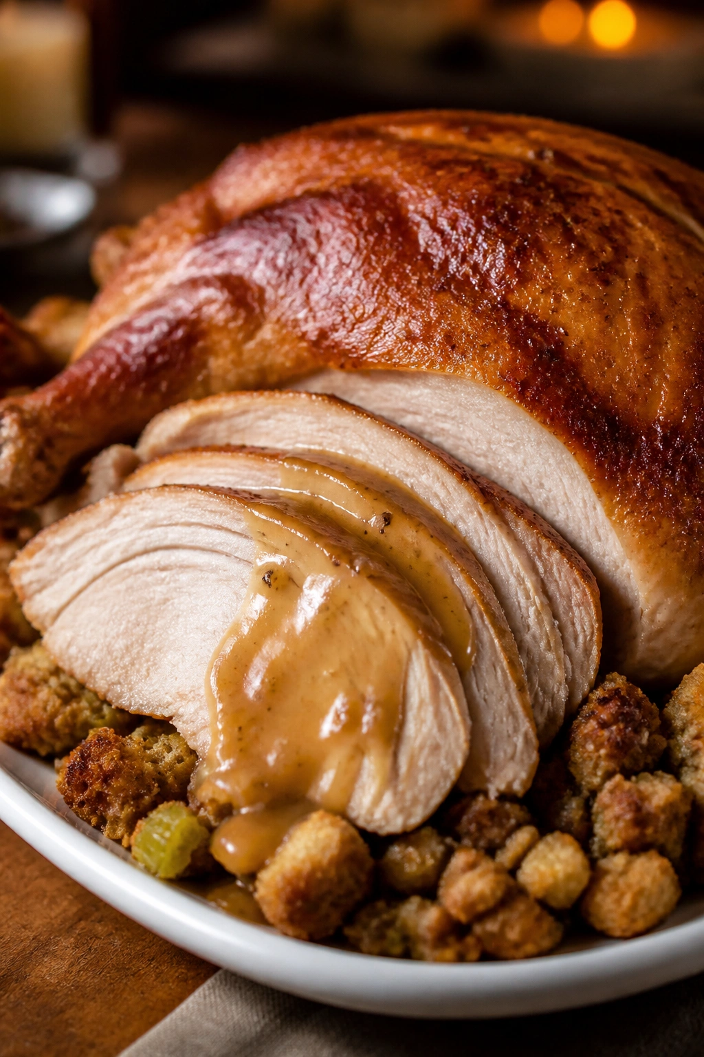 Carved turkey slices with stuffing and gravy on platter