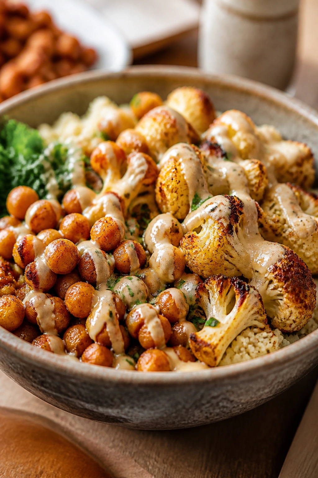 Close-up of chickpeas and cauliflower in a bowl with tahini drizzle