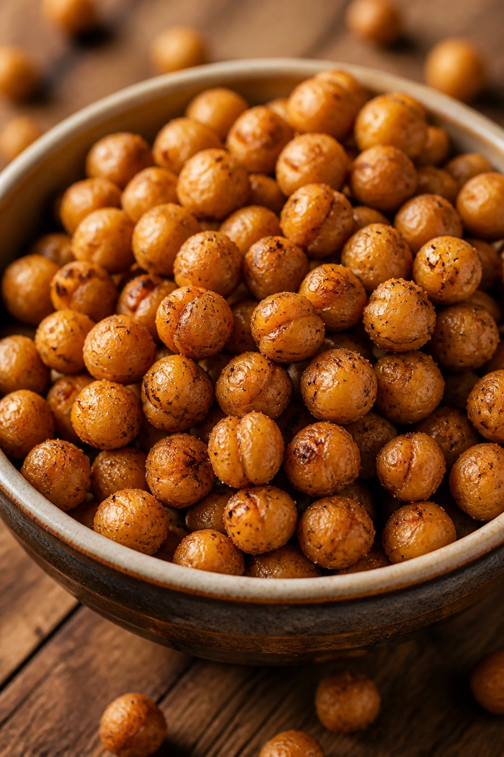 Close-up of crispy roasted chickpeas in a bowl