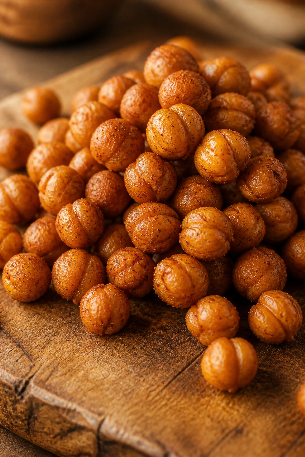 Roasted chickpeas on a wooden board