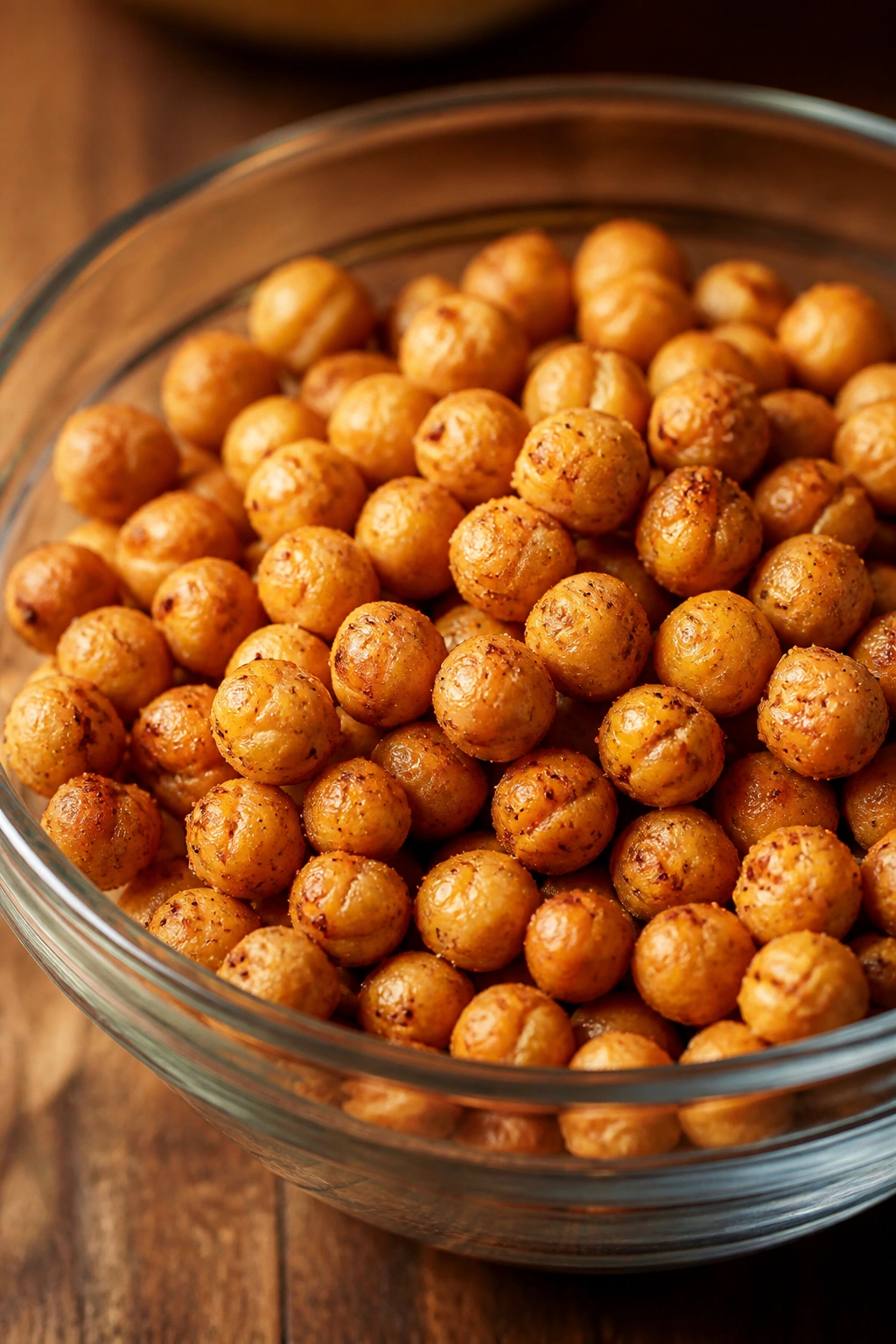 Close-up of roasted chickpeas in a bowl on wooden table