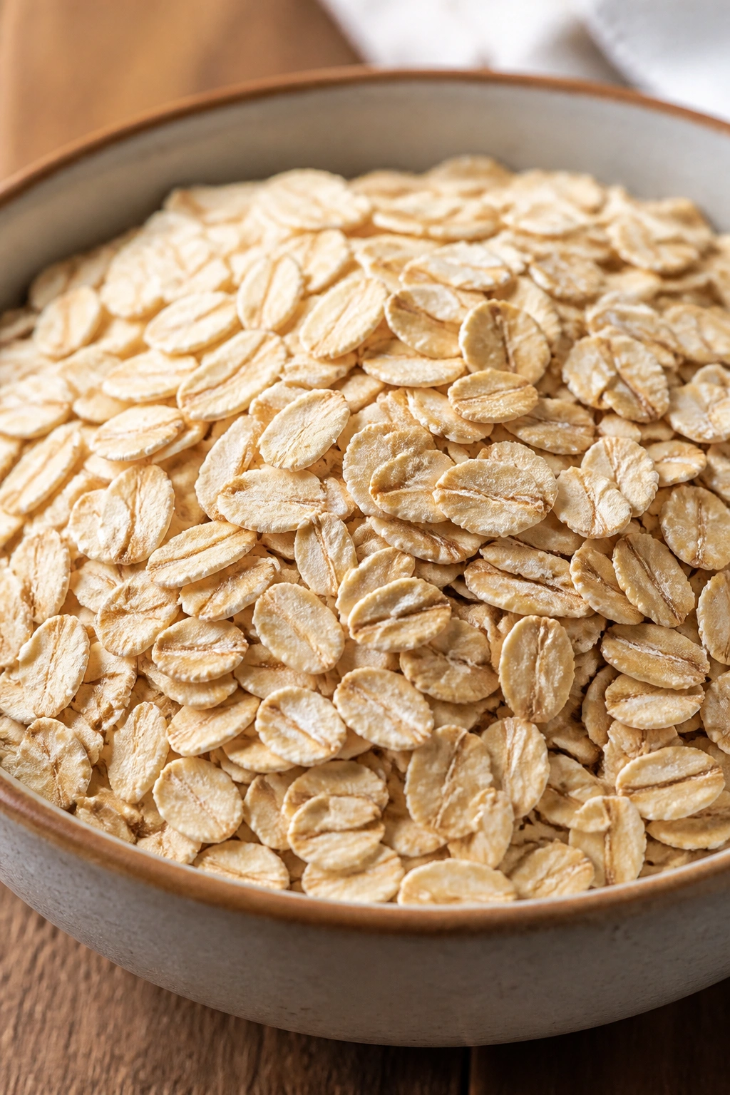 Close-up of rolled oats filling a bowl in a sunlit kitchen