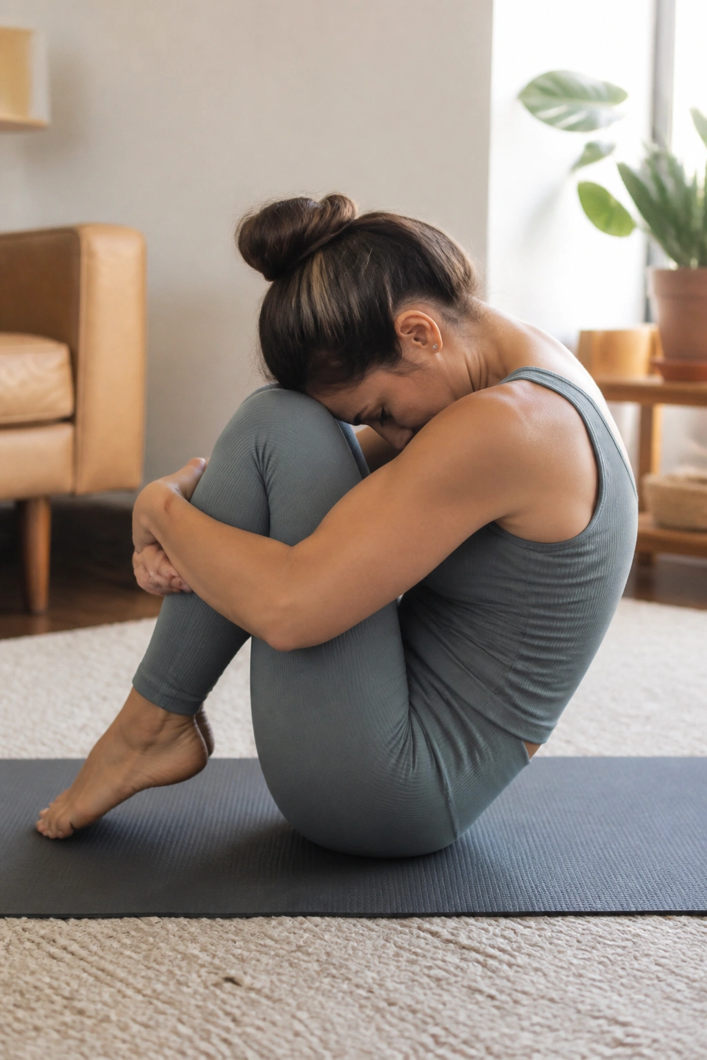 Person curled in a ball on a mat performing Rolling Like a Ball Pilates