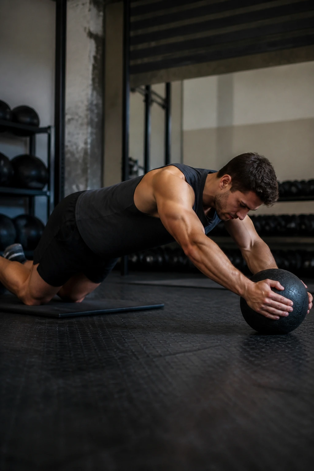 Person performing medicine ball rollout plank with controlled roll