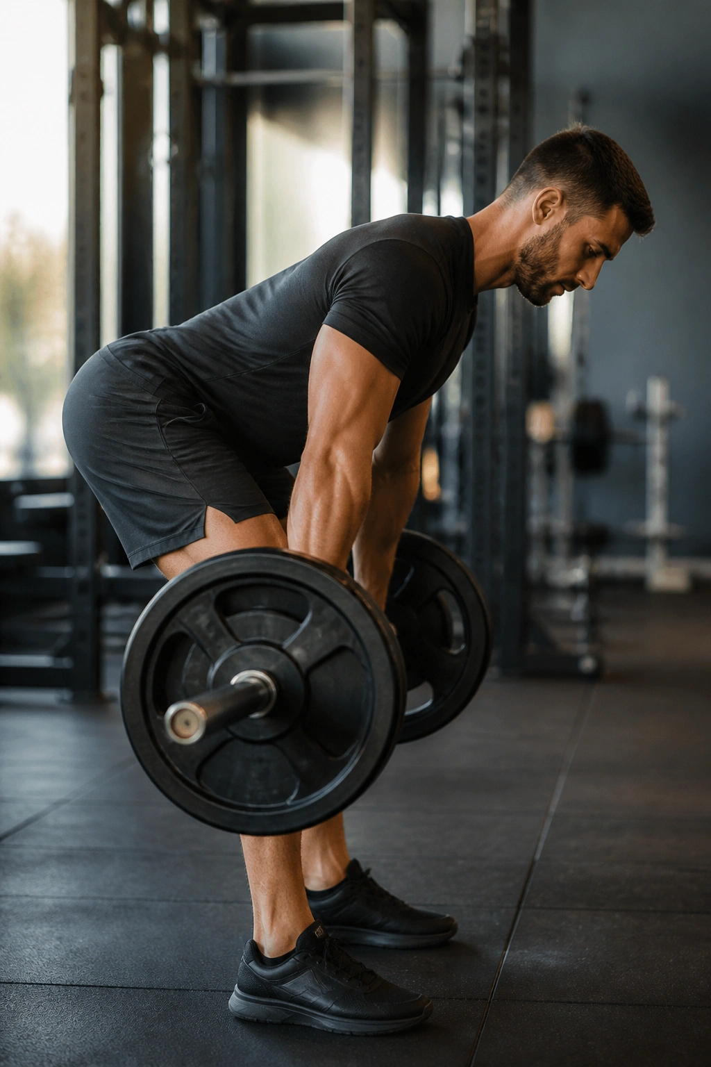 Person performing Romanian deadlift with barbell in gym side view