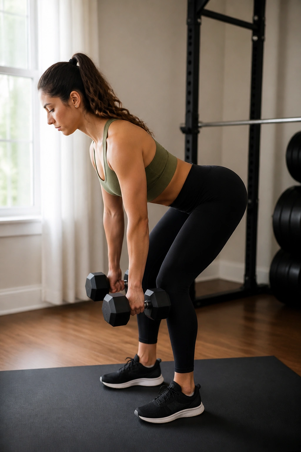 Real person performing Romanian deadlift with dumbbells in home setting