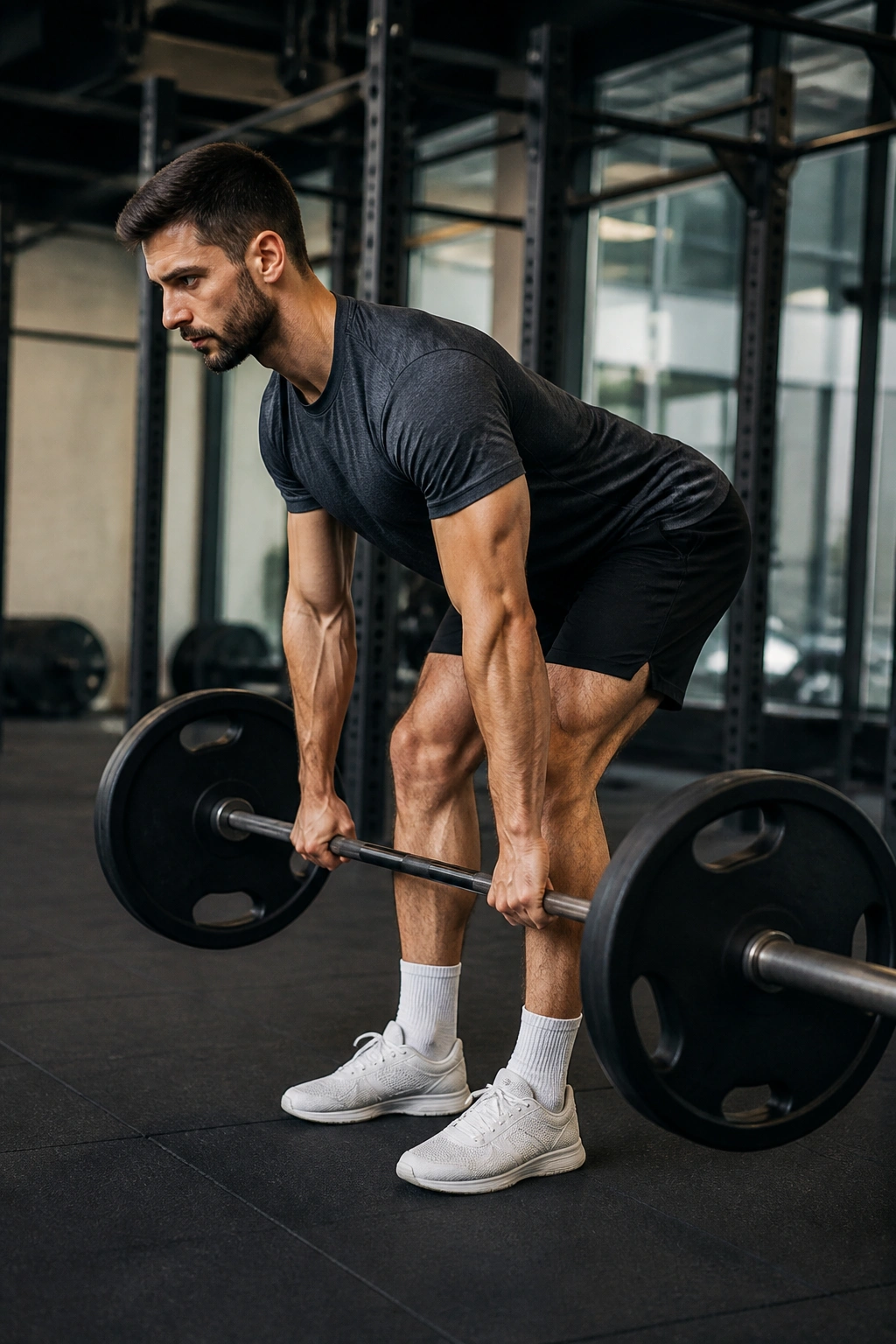 Lifter performing Romanian deadlift with barbell along shins in gym
