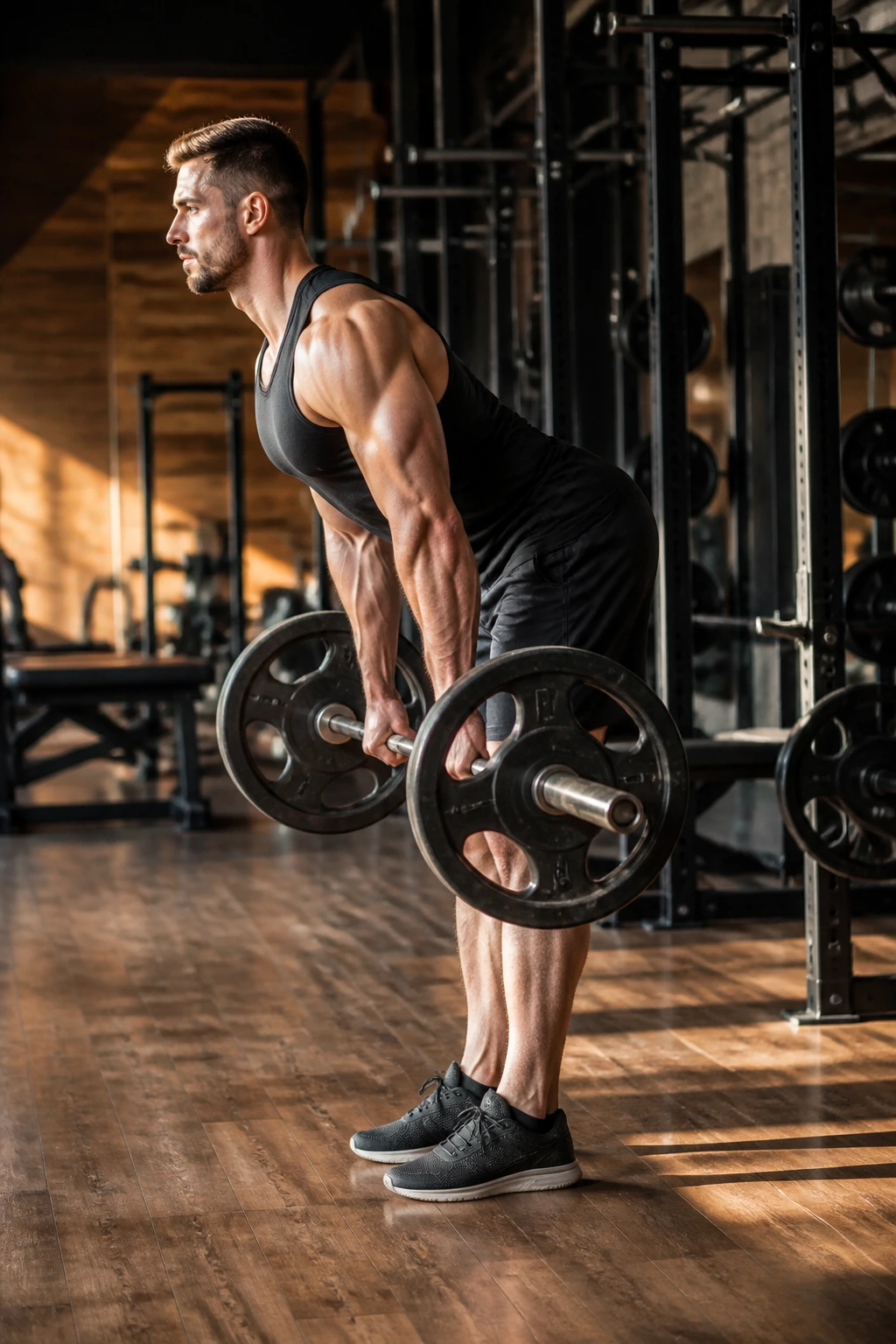 Lifter performing Romanian deadlifts with bar near legs and neutral spine.