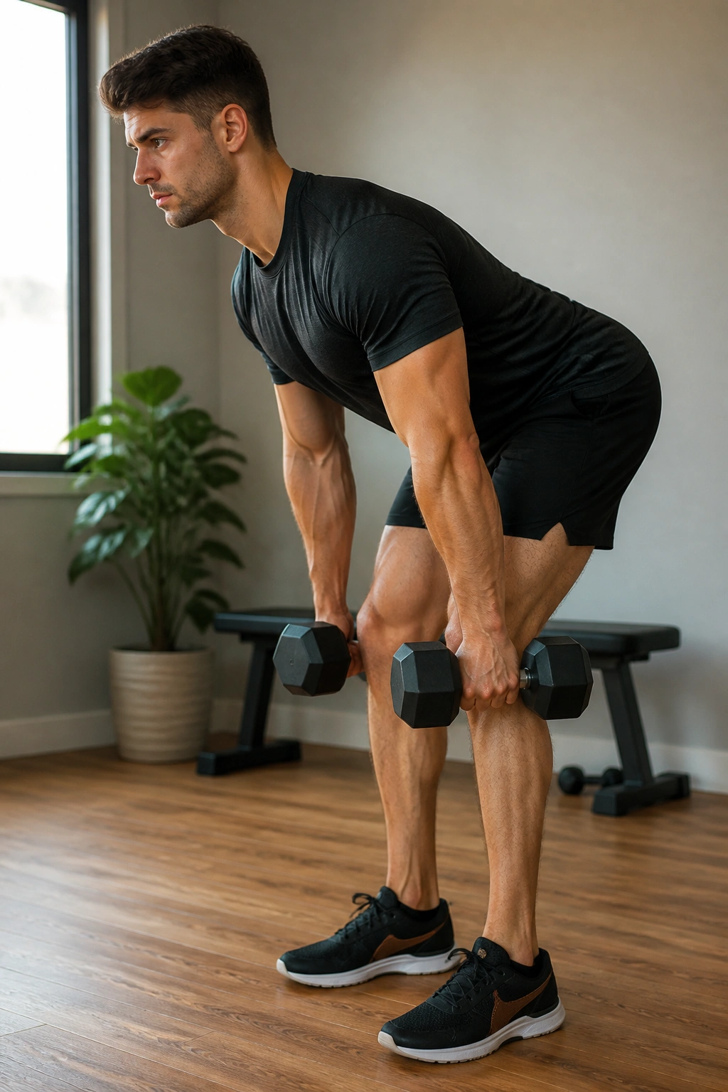 Medium-close shot of a person performing Romanian Deadlift with dumbbells at home.