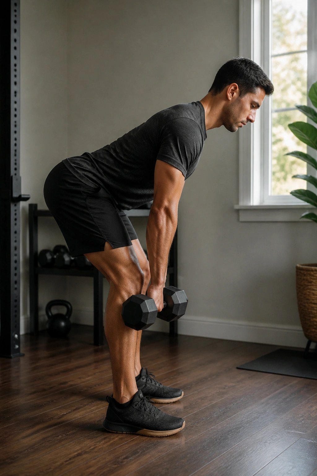 Side view of Romanian deadlift showing hip hinge and flat back