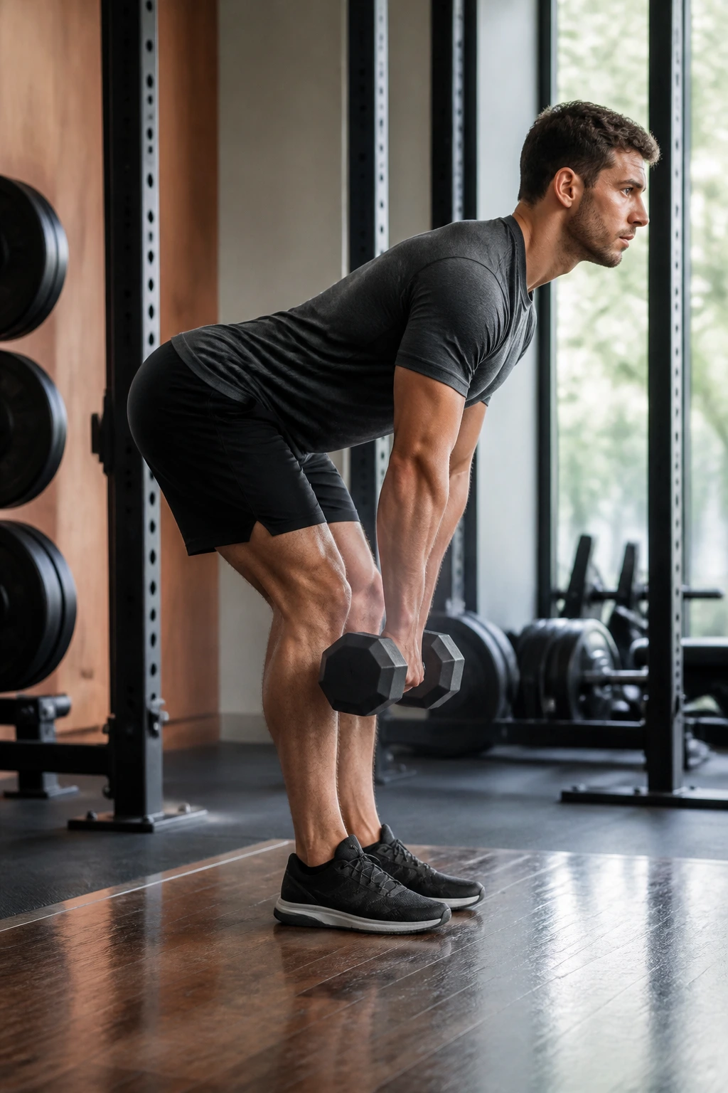 Side view of a person holding Romanian deadlift position with weights near shins.