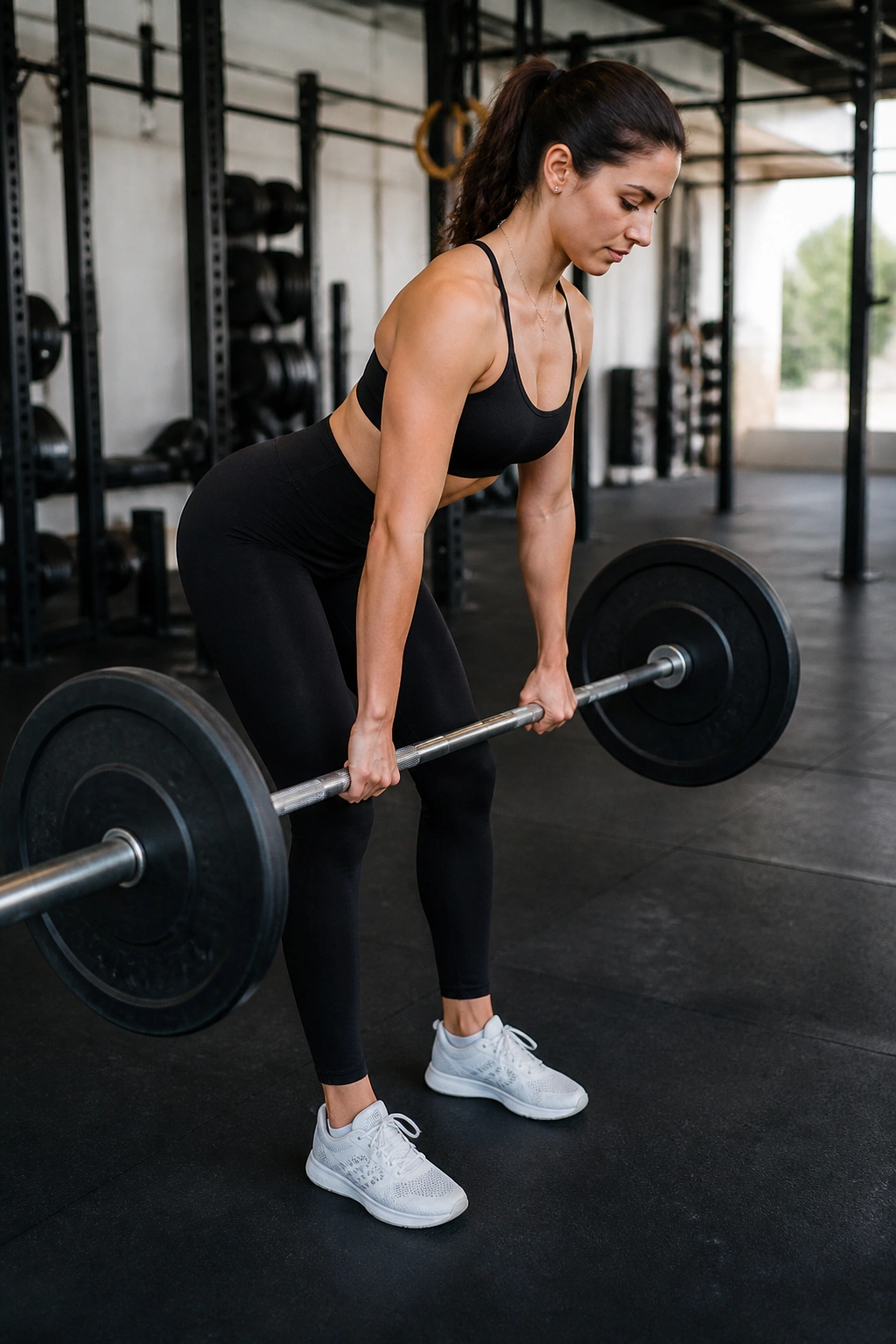 Lifter performing a Romanian Deadlift with barbell down the legs in a gym setting