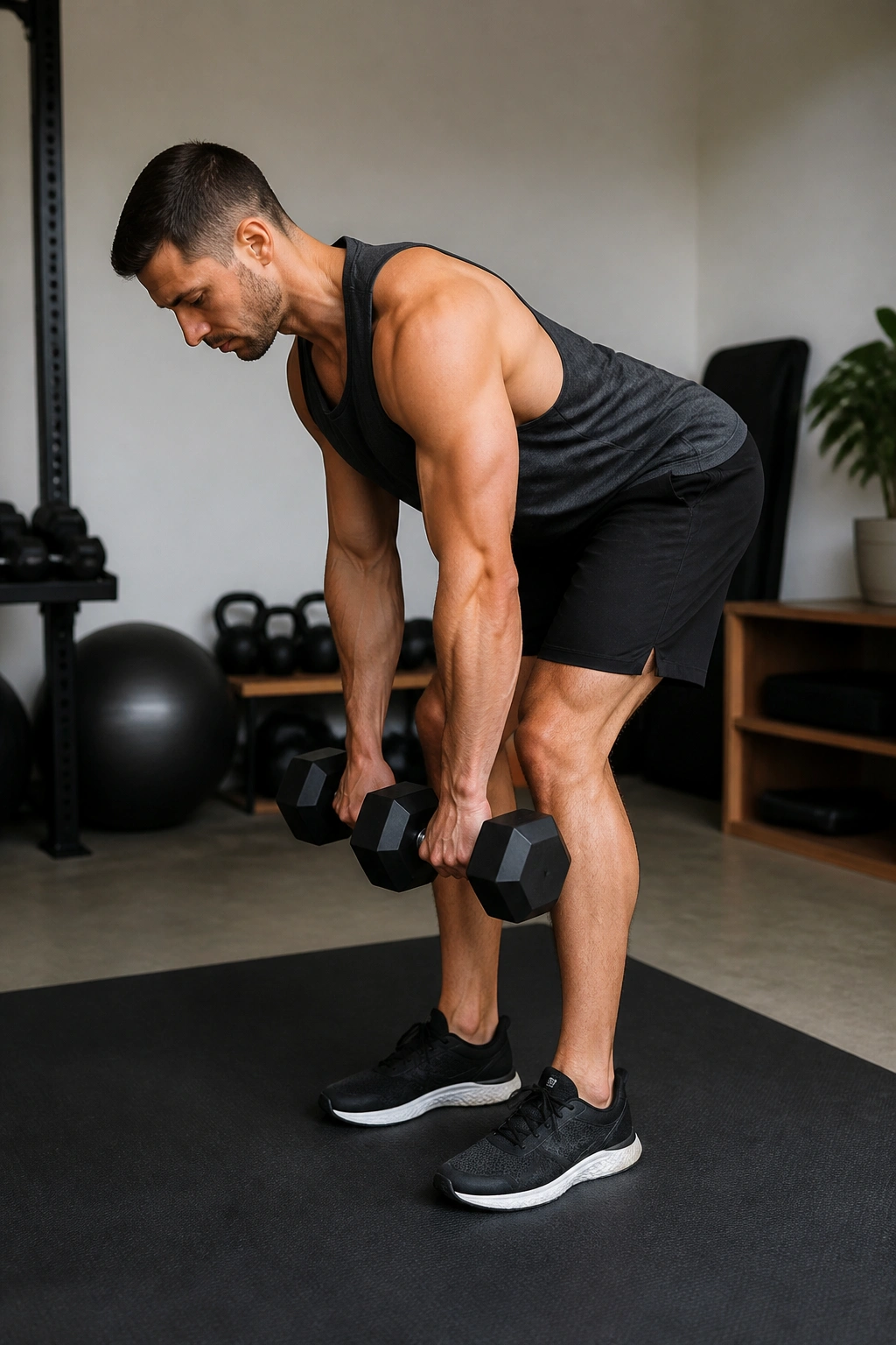 Person performing Romanian deadlift with dumbbells in a home gym