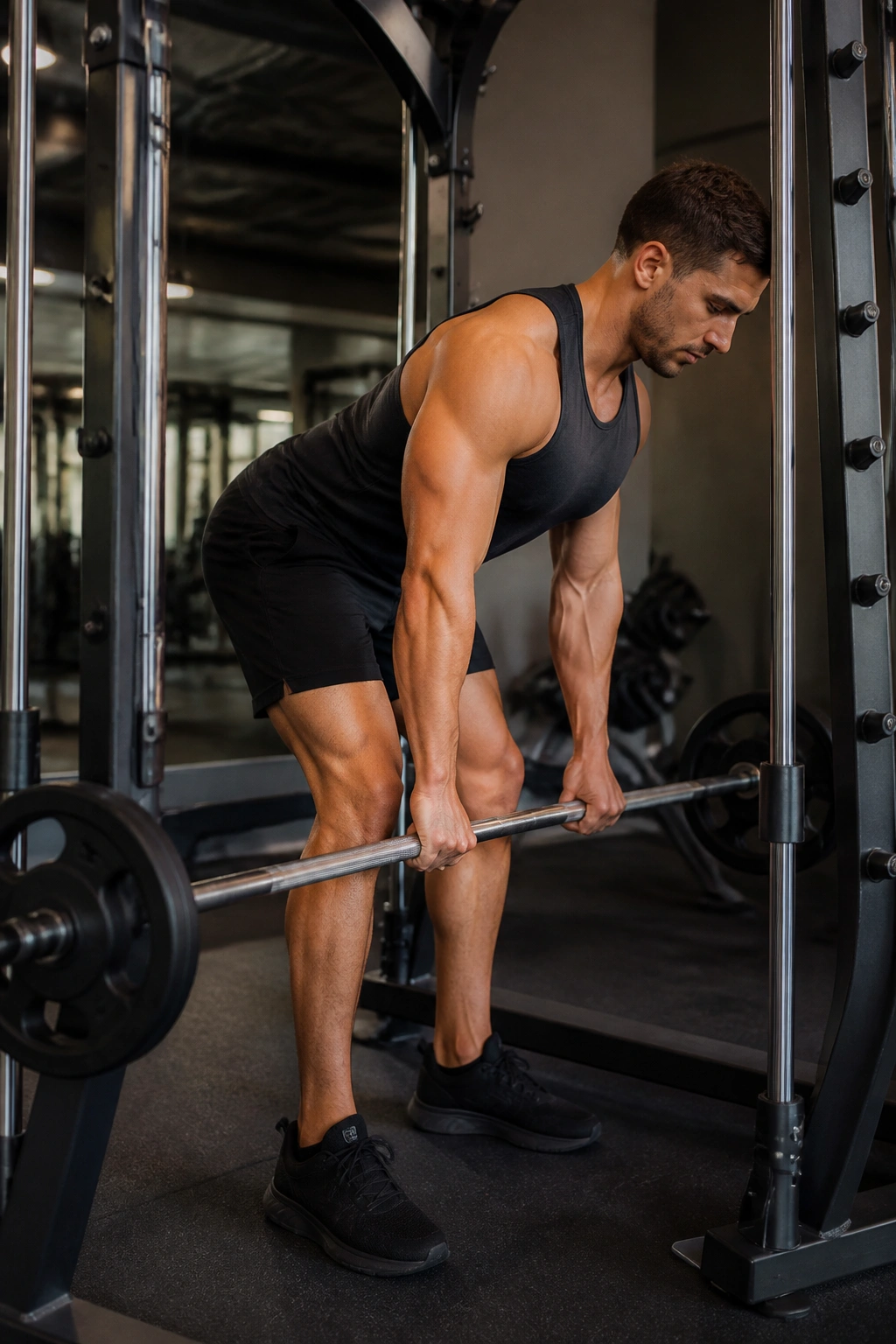 Lifter performing Smith Machine Romanian Deadlift with flat back