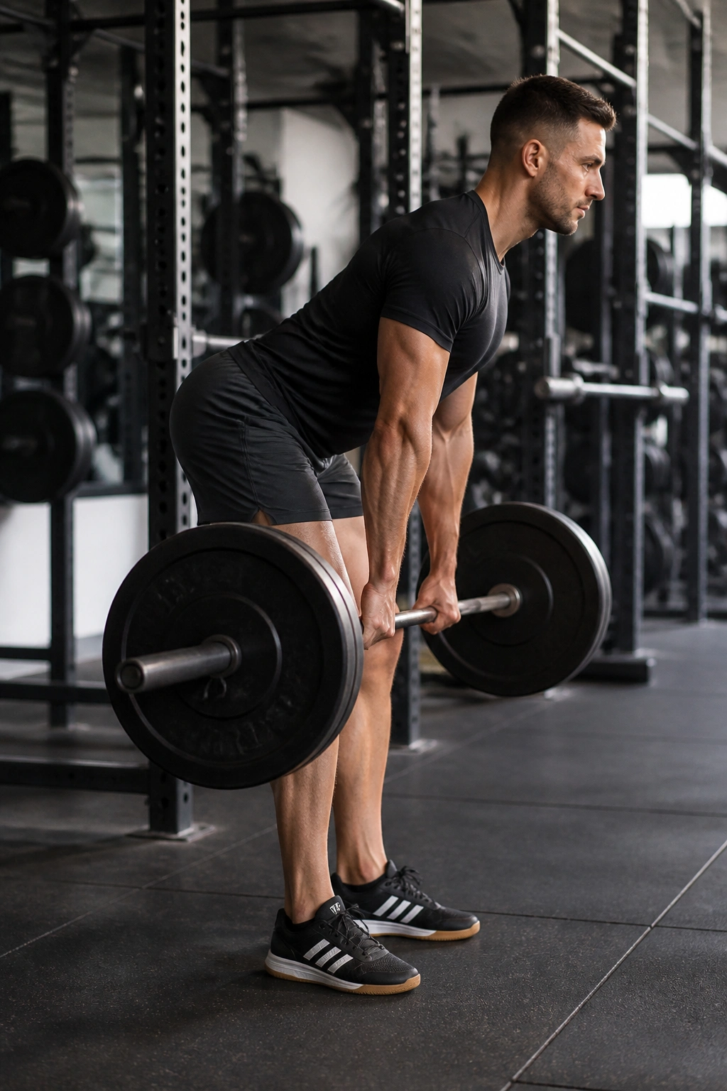 Close-up side view of a lifter performing Romanian Deadlifts with a barbell, highlighting hamstrings and glutes