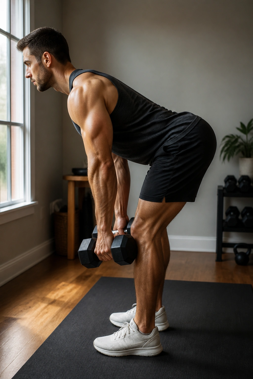 Medium close-up of a real person performing Romanian deadlifts at home with dumbbells, hips hinged and spine straight