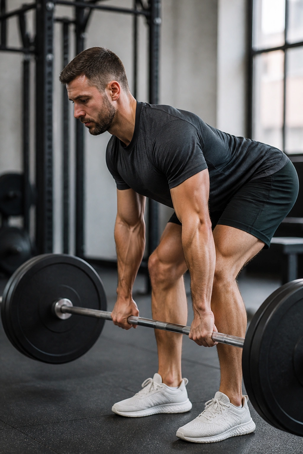 Lifter performing Romanian deadlifts with neutral spine in gym
