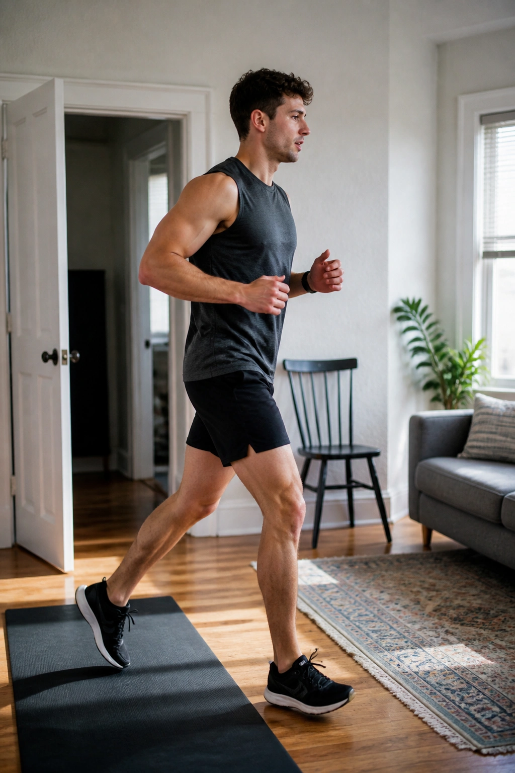 Person moving through a room-based lap workout circuit in a bright home